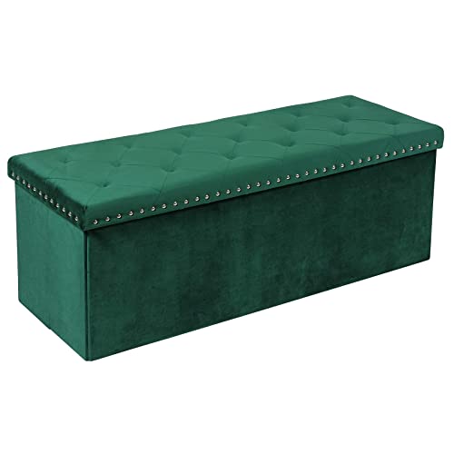 PINPLUS Storage Ottoman Bench for Bedroom,Folding Velvet Toy Chest with Benches Foot Rest Stool,Large Long Foldable Chest Green (43″x16″x16″)