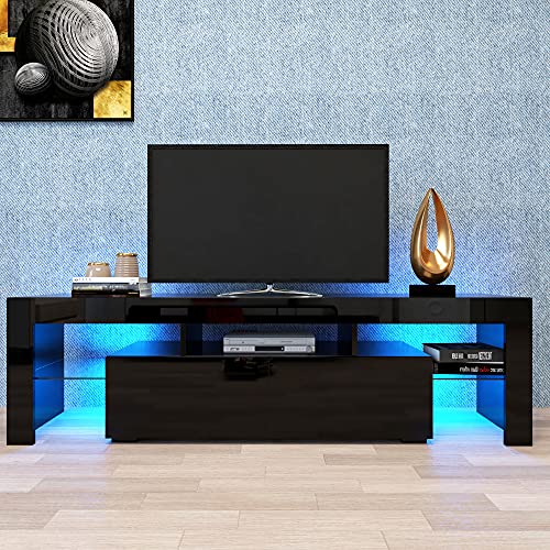 Black TV Stand, 20 Colors LED Modern TV Stand, TV Stand with Drawers and Open Shelves, TV Stand for 70 Inch TV, TV Stand for Bedroom, Can Load-Bearing 66.15 lbs