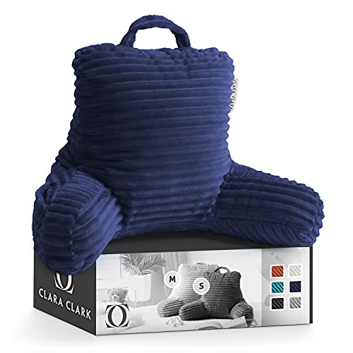 Clara Clark Cut Plush Striped Reading Pillow for Kids & Teens, Medium Back Pillow, Back Support Pillow, Shredded Memory Foam Bed Rest Pillow with Arms, Navy Blue
