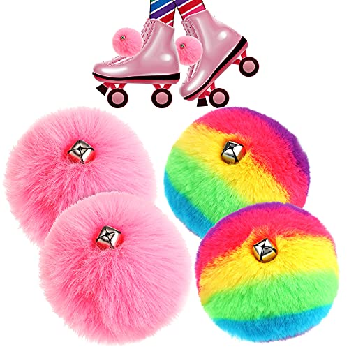 Waydress 4 Pieces Roller Skate Pom Poms Fluffy Tie-on Roller Poms with Jingle Bells DIY for Quad Roller Skate Cheerleader Pom Accessories for Women Girls (Pink, Rainbow Color)