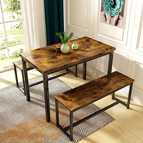 AWQM Dining Room Table Set, Kitchen Table Set with 2 Benches, Ideal for Home, Kitchen and Dining Room, Breakfast Table of 43.3×23.6×28.5 inches, Benches of 38.5×11.8×17.5 inches, Rustic Brown