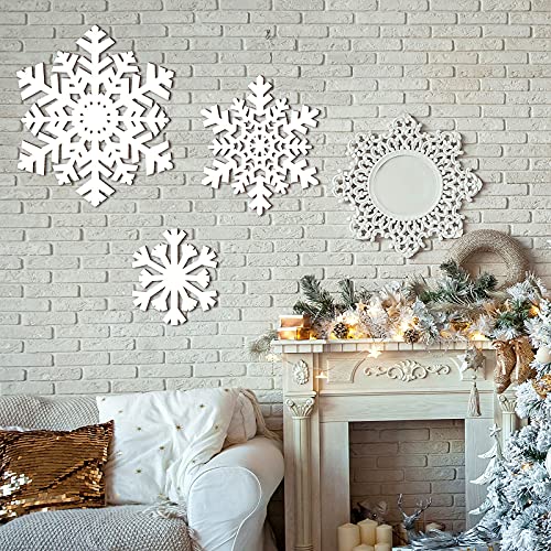 3 Pieces Christmas Wooden, Decoration for Wall Snowflake Shape Sign 3 Sizes Snowflake Hanging Plaques Rustic Wood, Holiday Decor for Bedroom Living Room (White, Vivid Style)