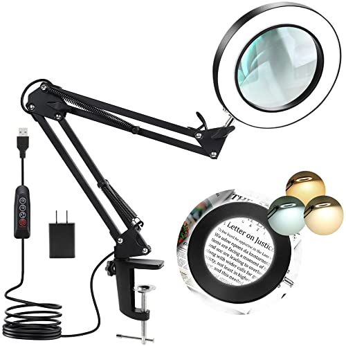 Krstlv 8X Magnifying Glass with Light, Real Glass Lens Desk Lamp & Clamp, 3 Color Modes Stepless Dimmable, Hands Free LED Lighted Magnifier with Light and Stand for Reading Crafts Repair Close Works