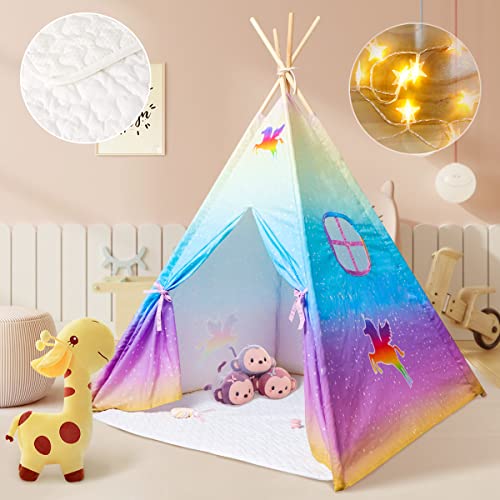 Meland Teepee Tent for Kids – Unicorn Girls Playhouse – Canvas Foldable Teepee Play Tent with Star Lights, Padded Mat & Storage Bag, Birthday for Girls Princess Indoor & Outdoor Playing