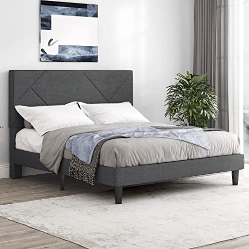 SHA CERLIN Queen Size Bed Frame with Geometric Upholstered Headboard, Platform Bed with 8 Inches Under-Bed Space, Wood Slats Support, Noise Free, No Box Spring Required, Grey