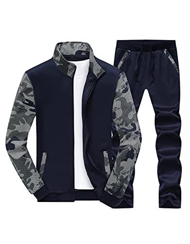 DOINLINE Men’s Sweatsuit Tracksuit 2 Piece Outfit Long Sleeve Jogging Running Athletic Sports Suit Set Blue 2XL