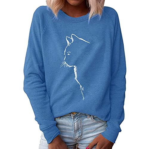 Long Sleeve Shirts for Women Trendy Cat Print Cute Crewneck Sweatshirt Casual Loose Fit Comfy Workout Sweater Tops