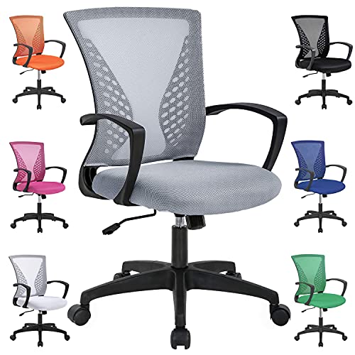 Hkeli Ergonomic Office Chair Mid Back Computer Task Chair Adjustable Height Rolling Swivel Chair with Armrest Lumbar Support Mesh Executive Working Desk Chair for Home Office Adults （Grey）