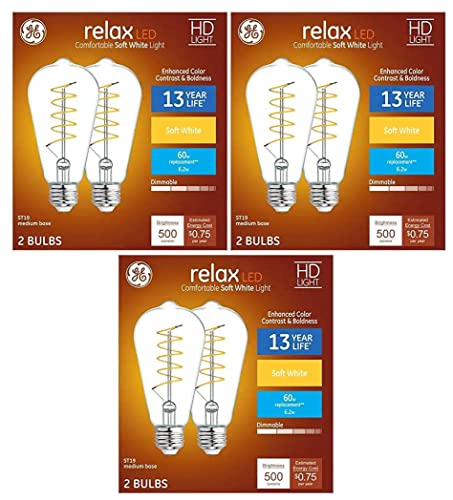 General Electric (Pack of 6 Bulbs) GE Relax 60-Watt EQ ST19 Soft White Dimmable Edison Light Bulb LED Light Fixture Light Bulb, Clear