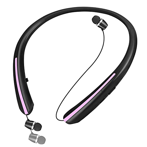 Bluetooth Headphones Retractable, Wireless Neckband Headset with Sweatproof Stereo Earbuds CVC 8.0 Noise Cancelling Call Vibrate Alert Earphones (Pink)