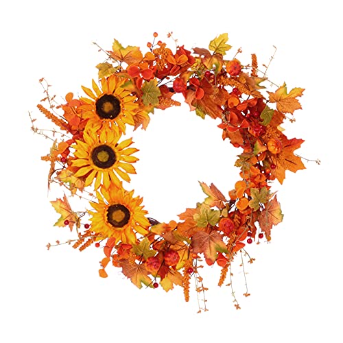 Artificial Fall Wreath,20” Autumn Front Door Wreath with Maple Leaves and Pumpkins,Fall Sunflower Wreath for Home Farmhouse Wall Window and Thanksgiving Day Decor-Wooden Sign Included