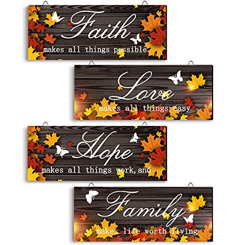 4 Pieces Fall Door Decoration Maple Door Plaque Faith Hope Family Wood Sign Maple Leaf Hanging Sign Rustic Farmhouse Hanging Decor for Home Living Room Supplies, 10 x 4 Inch (Pretty Style)