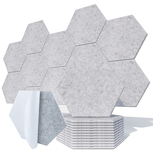 CALMTHINK 12 Pack Hexagon Acoustic Panels Self-adhesive Sound Proof Wall Panels Beveled Edge,Eco High Density Fiber Sound Proofing Padding Acoustic Treatment for Studio,Home and Office(Silver Gray)