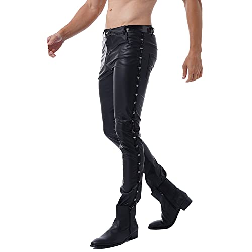 LiiYii Men’s Faux Leather Skinny Pants Stage Club Long Trousers Stretch Tight Gothic Leggings Black Small