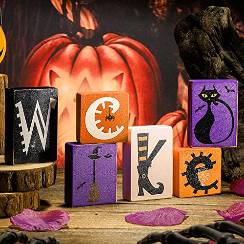 6 Pieces Halloween Wood Table Decor Sign Wicked Halloween Wood Blocks Halloween Witch Decorations Wicked Witch Legs Cat Witches Hat Decor for Home Party Mantle Tier Tray Decor
