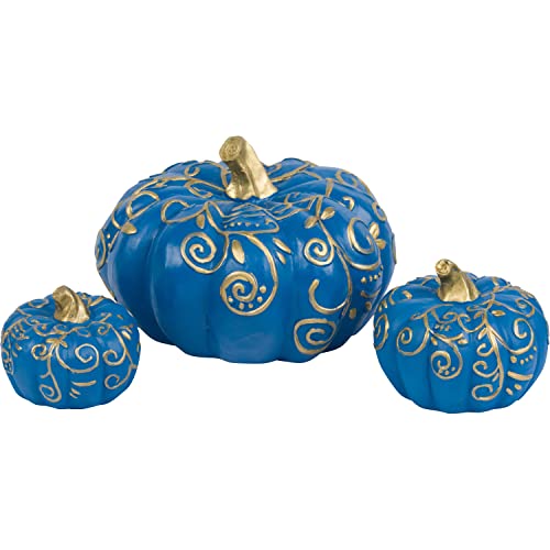 One Holiday Way Blue w/ Gold Swirl Accents Faux Pumpkin Figurine (Set of 3) 9 inch, 5 inch, 4 inch Pumpkins for Decorating Fall Halloween Thanksgiving Rustic Wedding Decoration Farmhouse Home Decor
