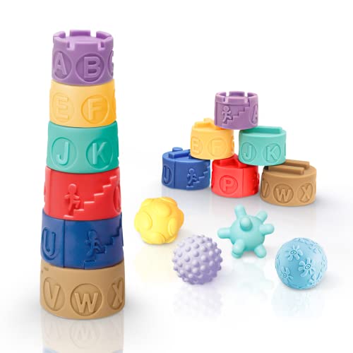 AUYYOSK 10 Pcs Baby Soft Stacking Building Blocks & Sensory Ball Infant Toys, Montessori Toys for Toddler Educational Squeeze Balls for Boys & Girls Babies Ages 6 9 12 Months 1 2 Years Old