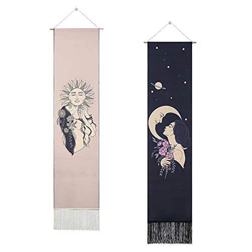 Erikord Sun and Moon Tapestry Wall Hanging 2PCS Aesthetic Mysterious Long Tapestry Vertical Wall Hanging Bohemian Tapestries Wall Art for Room (12.9 x 51.2 inches)