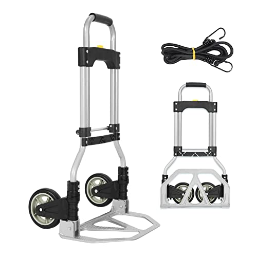 JAUREE Folding Hand Truck, Dolly Cart Foldable for Moving, 150LB Capacity Portable Luggage Trolley with Wheels and Telescoping Handle for Indoor Outdoor Travel (with Bungee Chord)