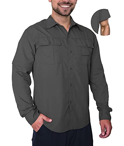 Ozette Mens Hiking Button Down Shirt – Lightweight Outdoor Quick Dry Shirts with Convertible Sleeves (Gray, Large)