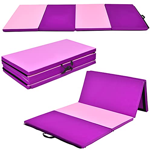 Giantex 4’x8′ Folding Gymnastics Mat, 2.5” Thick Gym Exercise Pad with Carrying Handles, Hook and Loop Fastener, 4 Panel Tumbling Mat for Yoga, Stretching, Workouts (Pink/ Purple)