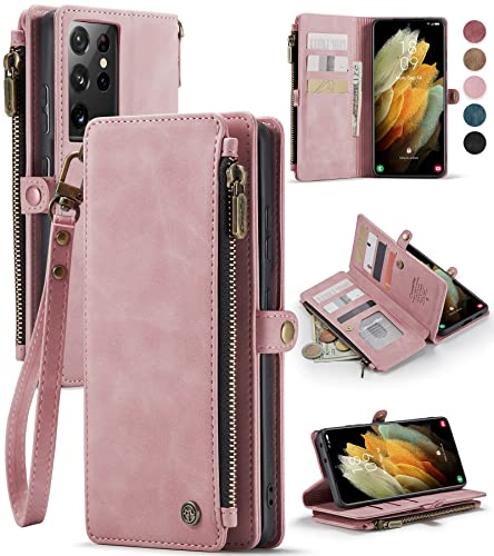 Defencase Samsung Galaxy S21 Ultra Case, Samsung S21 Ultra Wallet Case for Women Men, Durable PU Leather Magnetic Flip Lanyard Strap Zipper Card Holder Phone Case for Galaxy S21 Ultra, Rose Pink