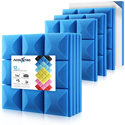 12 Pack FAST Expanding SELF-ADHESIVE Sound Proof Foam Panels, 2″x12″x12″ Acoustic Panels,Soundproof Wall Panels Sound Proofing Padding for Wall, Noise Blocker, Sound Absorbing Panel Tiles Blue