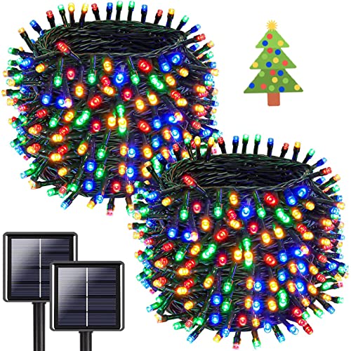OZS- 2PK 144FT 400LED Multicolor Solar Christmas String Lights Outdoor, Color Change Waterproof 8 Modes Green Wire Christmas Tree Lights for Garden, Party, Wedding, Christmas Decorations (Multicolor)