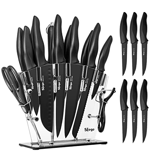 Knife Set, 16 Piece Kitchen Knives Set with Block, High Carbon Stainless Steel for Anti-rusting Knife Block Sets, Acrylic Stand for Black Chef Knife Steak Knives with Peeler Scissors,Dishwasher Safe