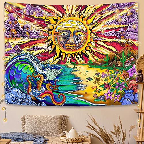 Neasow Trippy Burning Sun Tapestry for Bedroom, Hippie Sublime Ocean Wave Sunset Sunrise Skull Colorful Mushroom and Plant Boho Room Wall Decor 50×60 inches