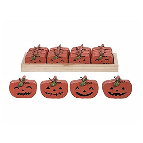 One Holiday Way Set of 12 Miniature Rustic Wood Block Orange Jack-o-Lanterns with Assorted Expressions in Wooden Box – Tabletop Halloween Pumpkin Decorations – Kid Friendly Home and Classroom Decor