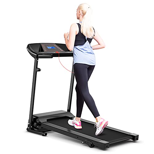 GYMAX Folding Treadmill, Electric Motorized Fitness Exercise Running Machine for Home Gym Office with 12 Preset Programs, Heart Sensor and Moving Wheels Manual Incline Cardio Training Treadmill