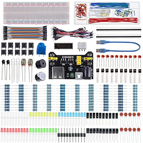 BOJACK 37 Values 480 Pcs Electronics Component Fun Kit with Power Supply Module, Jumper Wire,Precision Potentiometer,830 tie-Points Breadboard Compatible with STM32,Raspberry Pi,Arduino