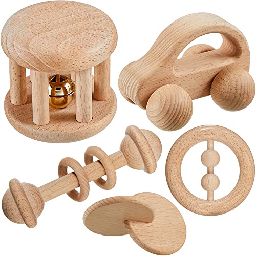 5 Pieces Wooden Baby Toys Wooden Toys for Babies 0-6-12 Months Wood Toys Rattles with Bells Montessori Wood Baby Push Car Wooden Newborn Toy for Infant Boys and Girls Gifts