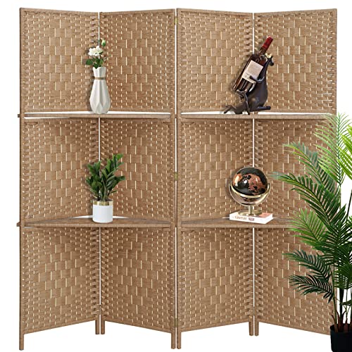 ECOMEX Room Divider 4 Panel , Room Divider with Shelves, Temporary Wall, Room Dividers and Folding Privacy Screen, Portable Room Divider Screen for Home Office Studio Apartment Garage (Light Brown)