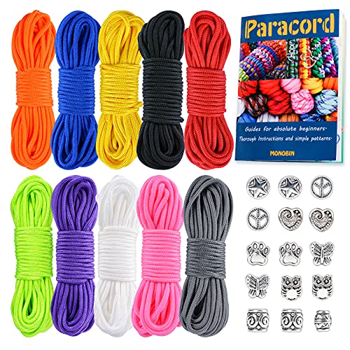 MONOBIN Micro Paracord Kit with Paracord Instructions, 10 Colors 20FT 2MM Paracord Combo kit with Paracord Beads for Making Paracord Bracelets, Lanyards (10Colors-A)