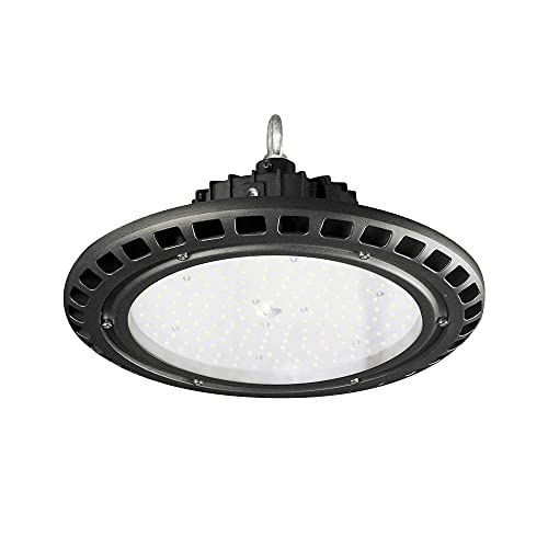 200W Black Aluminum UFO High Bay Cree 200 Chips USA Made Sosen Driver 1-10V Dimmable Lights for Factory Ware House with Hanging Hook Safe Rope 5 feet Wire CCT 5000K Beam Angle 110° 28000LM