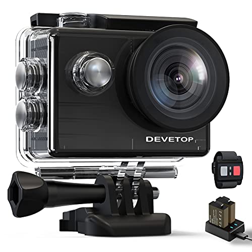 DEVETOP 4K Action Camera,20MP Ultra HD WiFi,131FT Waterproof Underwater Camera,170°Wide Angle External Microphone,Wireless Remote Control Sports Cam with Helmet Accessories Kit