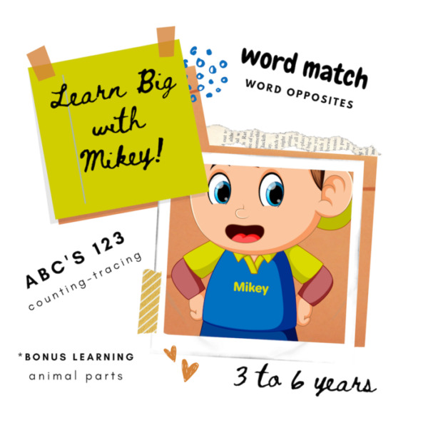Learn Big with Mikey, Kindergarten to 1st grade, Number Trace, Alphabet Trace, Counting Game, Word Match and more!