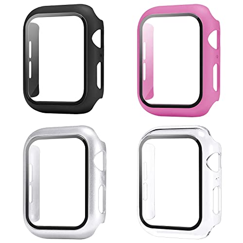 Sobrilli 4 Pack Case Tempered Glass Screen Protector Compatible with iWatch 38mm Series 3/2/1, Hard PC Bumper Case Protective Cover Frame Compatible with iWatch 38mm (Black/Rose Pink/Silver/Clear)