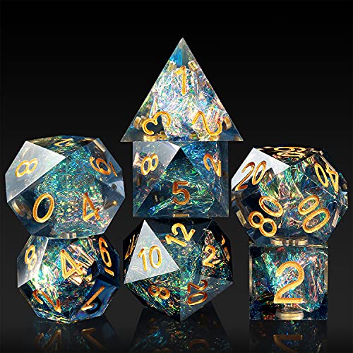 Dungeons and Dragons Dice Set,DNDND Handmade Sharp Edge 7 Resin D&D Die with Gift Dice Case for DND Dungeons and Dragon Game (Dark Cyan with Gold Number)