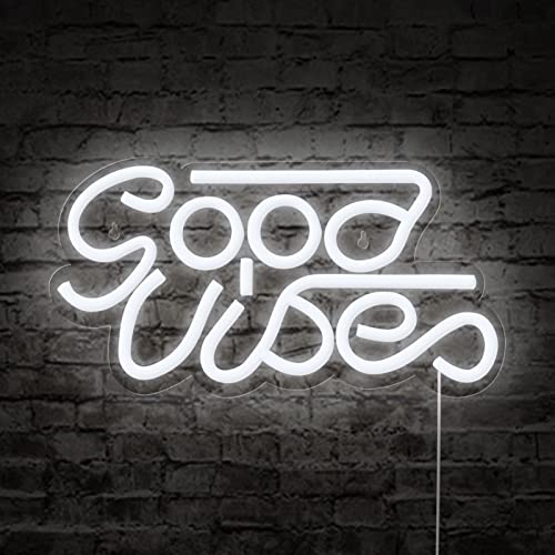 ATOLS Good Vibes Neon Sign for Wall Decor, Reusable Neon Light Sign for Bedroom, Kid room, Makeup Room, Game Room, Shop, Bar, Wedding, Party, Size-13×7 Inch, Powered by USB (White)