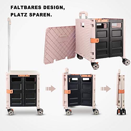 Foldable Utility Cart Folding Portable Rolling Crate Handcart Shopping Trolley Wheel Box with Lid Wear-Resistant Noiseless 360°Rotate Wheel for Travel Shopping Moving Storage Office Use (Pink) | The Storepaperoomates Retail Market - Fast Affordable Shopping