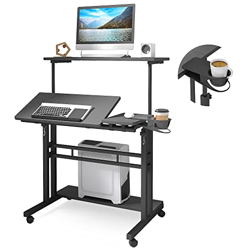 Panta Mobile Standing Desk, Adjustable Rolling Computer Desk with 3 Desktops, Portable Laptop Table with Desk Cup Holder, Home Office Laptop Workstation on Lockable Wheels, Black
