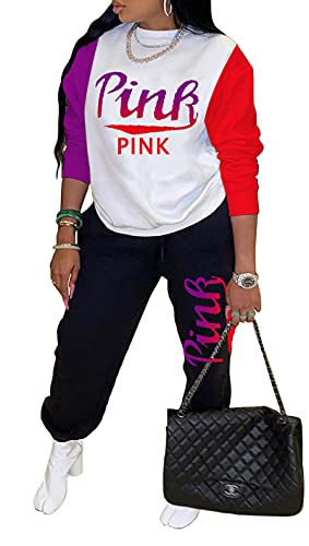 Nhicdns Women’s 2 Piece Outfit Sweatsuits sets Letter Print Long Sleeve Pullover and Jogger Pants Tracksuits with Pockets Red & Purple Large