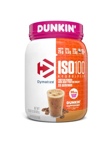 Dymatize ISO100 Hydrolyzed 100% Whey Isolate Protein Powder in Dunkin’ Cappuccino Flavor, 25g Protein, 95mg Caffeine, 5.5g BCAAs, Gluten Free, Fast Absorbing, Easy Digesting, 21.5 Oz