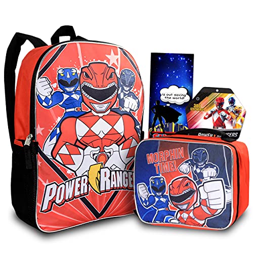 Power Rangers Backpack with Lunch Box for Boys, Girls ~ 4 Pc Bundle with Power Rangers School Bag, Lunch Bag, Stickers, More