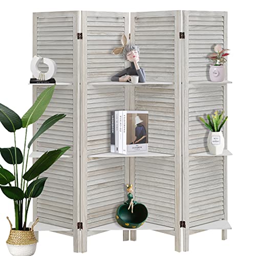ECOMEX Room Divider 4 Panel, White Room Divider with Shelves, Wall Room Dividers and Folding Privacy Screens, Portable Room partitions and dividers for Bedroom, Home Office, Studio (White)