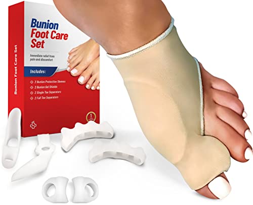 Bunion Corrector for Women and Men – Relieve Bunion Pain and Correct Toe Alignment – 8 Piece Kit Includes: 2 Bunion Sleeves, 2 Toe Separators, 2 Toe Spacers, and 2 Gel Protector Shields – Straighten Overlapping Toes, Crooked Toes, Hammer Toe