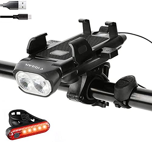 4in1 Led Bike Front Light USB Rechargeable with Horn Trumpet,3 Lighting Modes & 5 Sounds, Bicycle Phone Mount Fits Mountain Bike (Black)